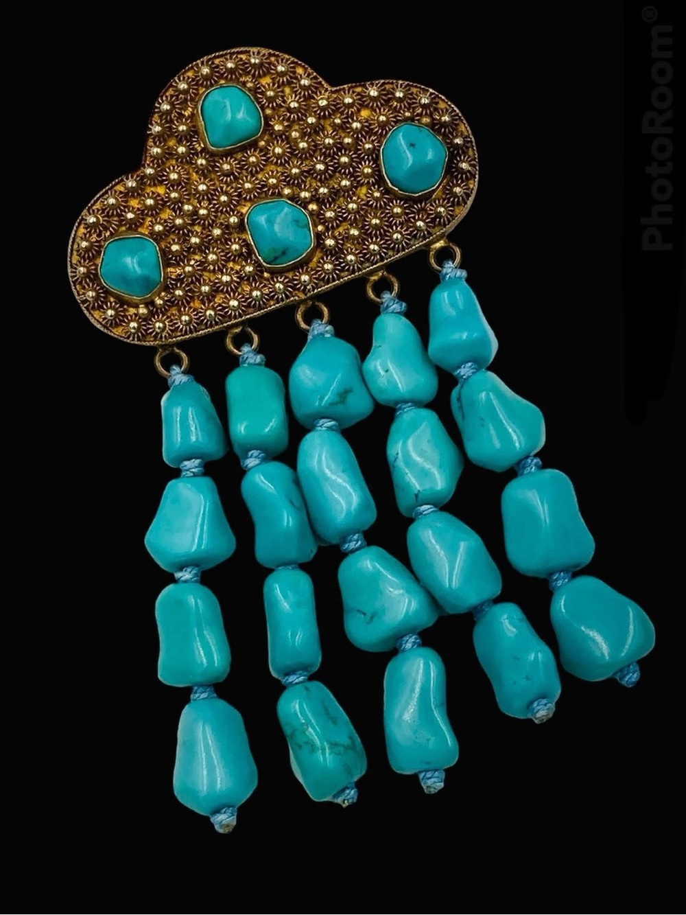 Vintage 1930’s Chinese Export Cannetille Silver Turquoise Nugget Beads Brooch